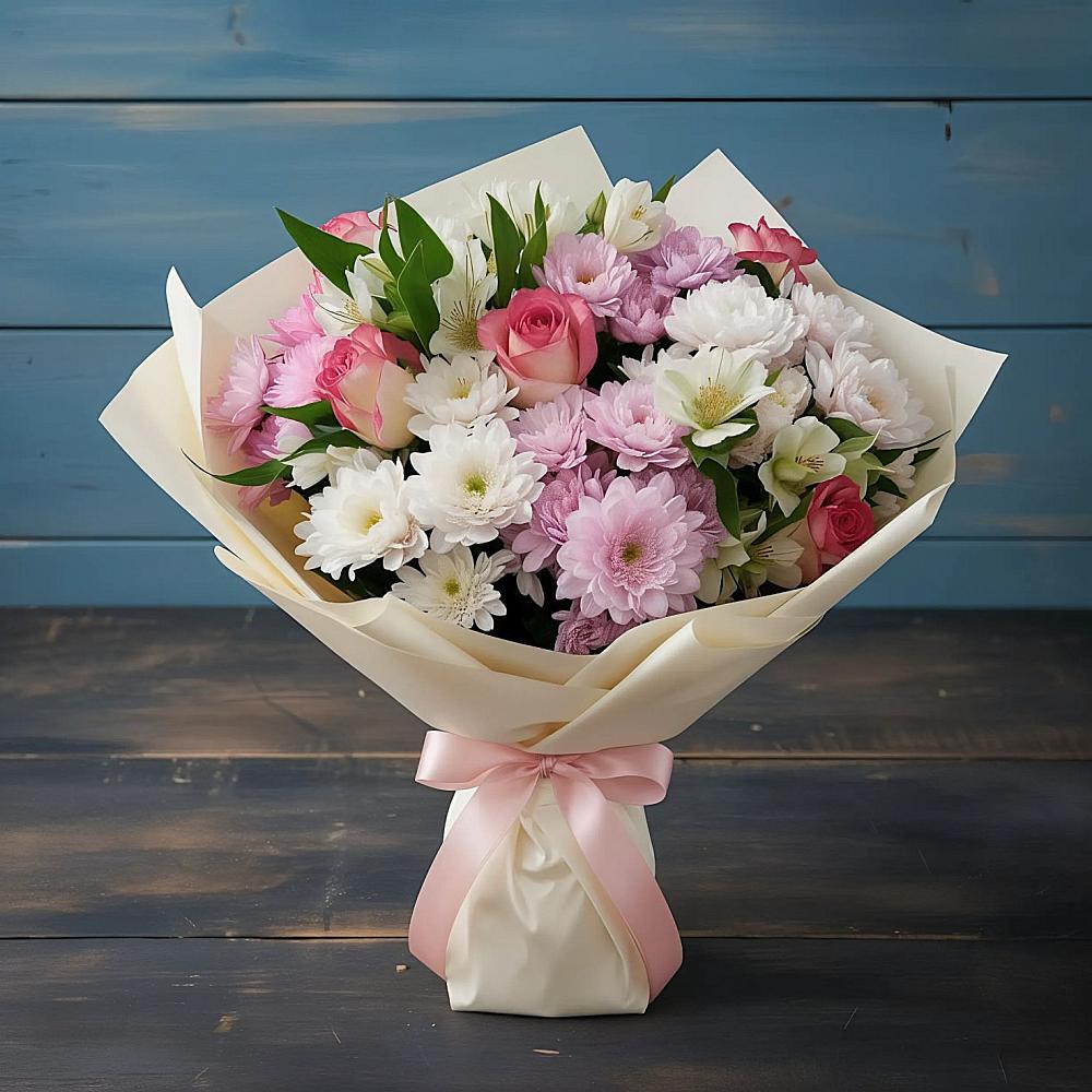 Букет цветов из: Хризантемы, Альстромерии и Розы в Лискинском